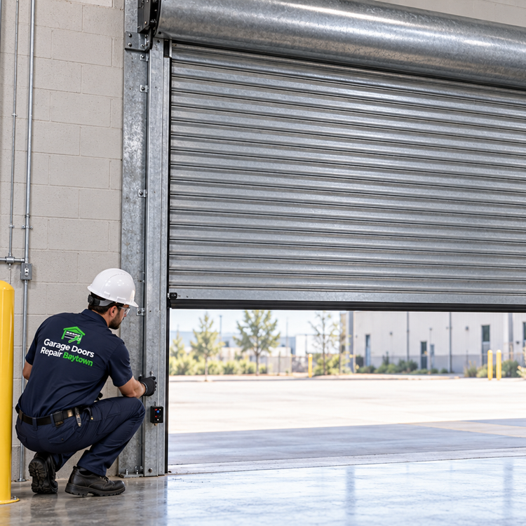 Garage Doors Repair Baytown technician replacing a torsion spring