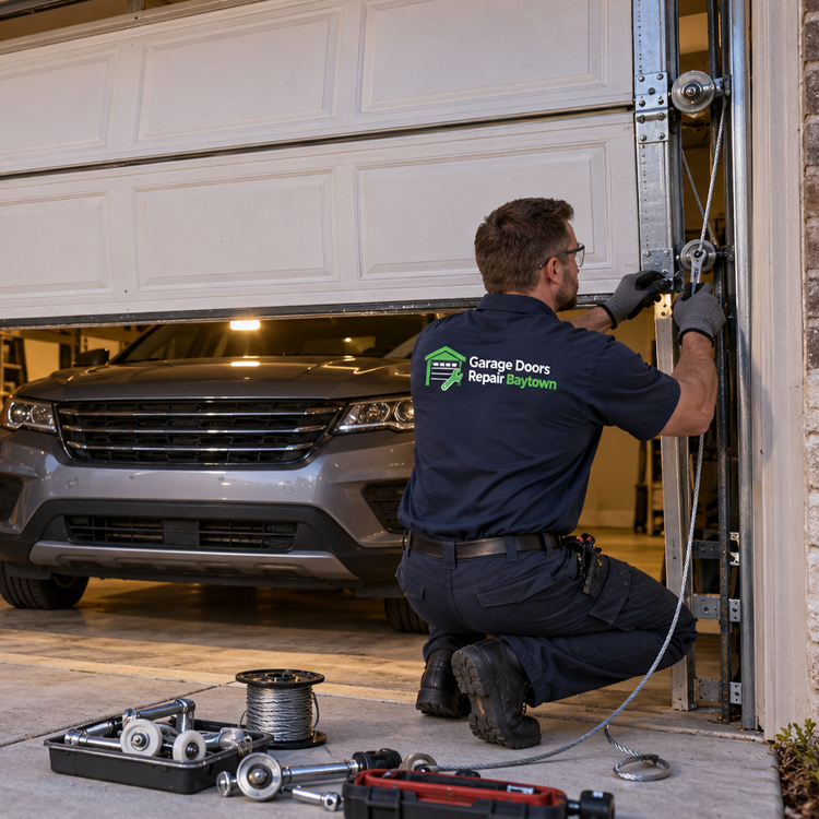 Garage Doors Repair Baytown technician replacing a torsion spring