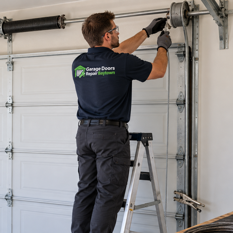 Garage Doors Repair Baytown technician replacing a torsion spring