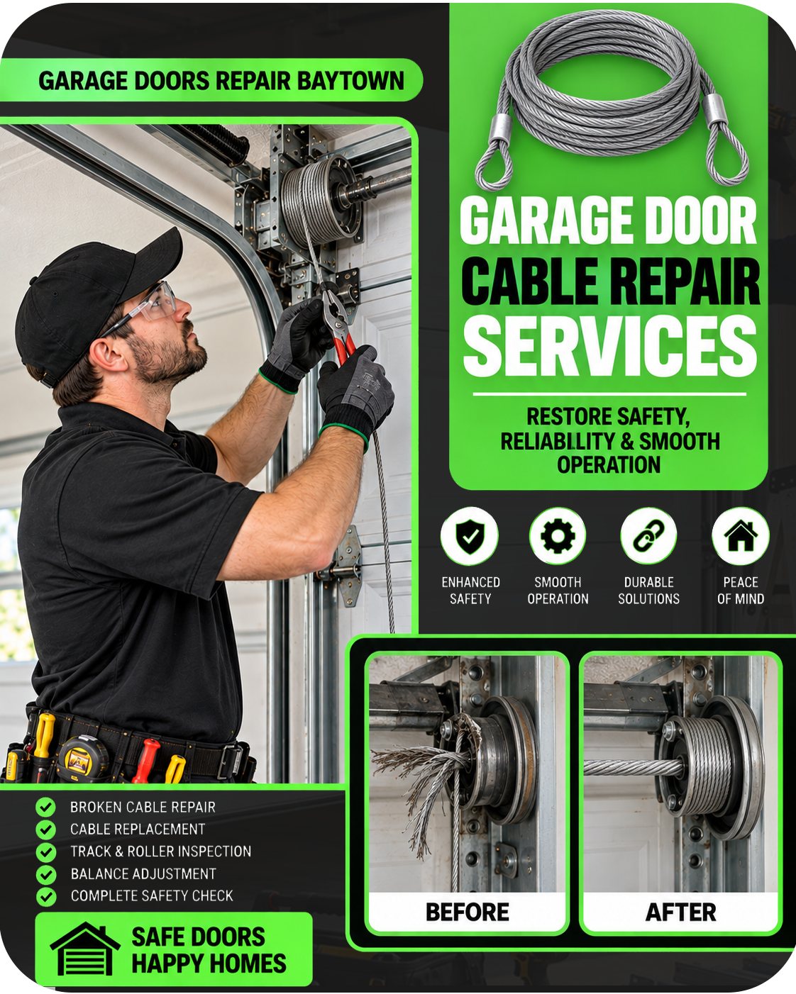Garage Door Cable Repair Services Baytown TX Garage door cable repair services in Baytown TX with broken cable before and after repair