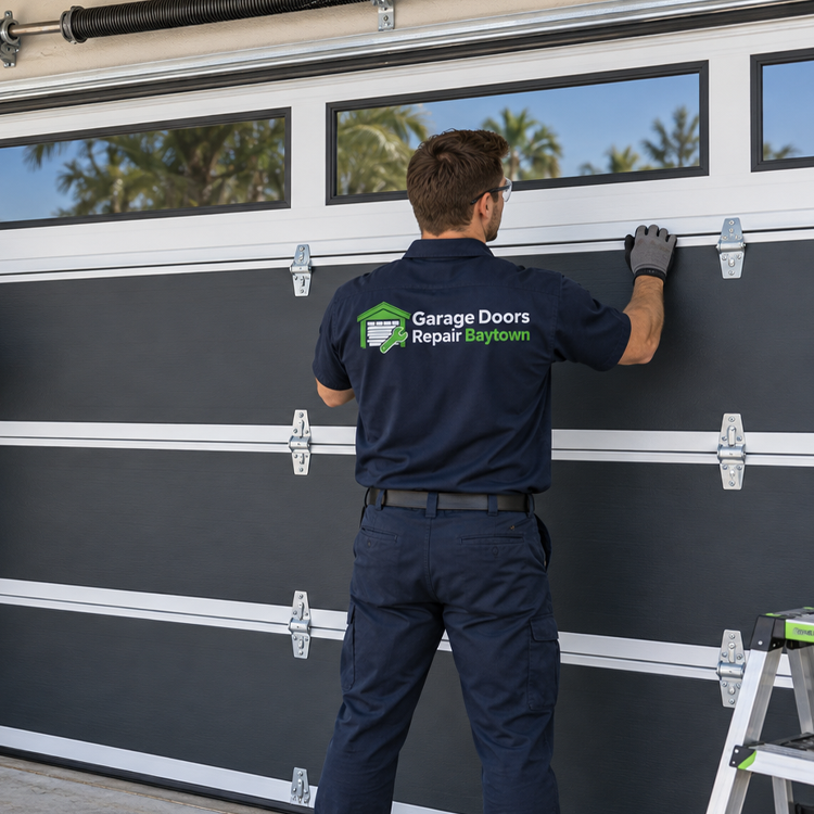Garage Doors Repair Baytown technician replacing a torsion spring