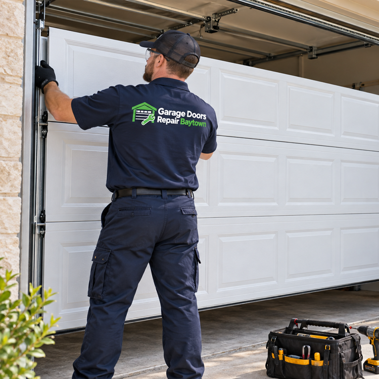 Garage Doors Repair Baytown technicians installing a new residential garage door