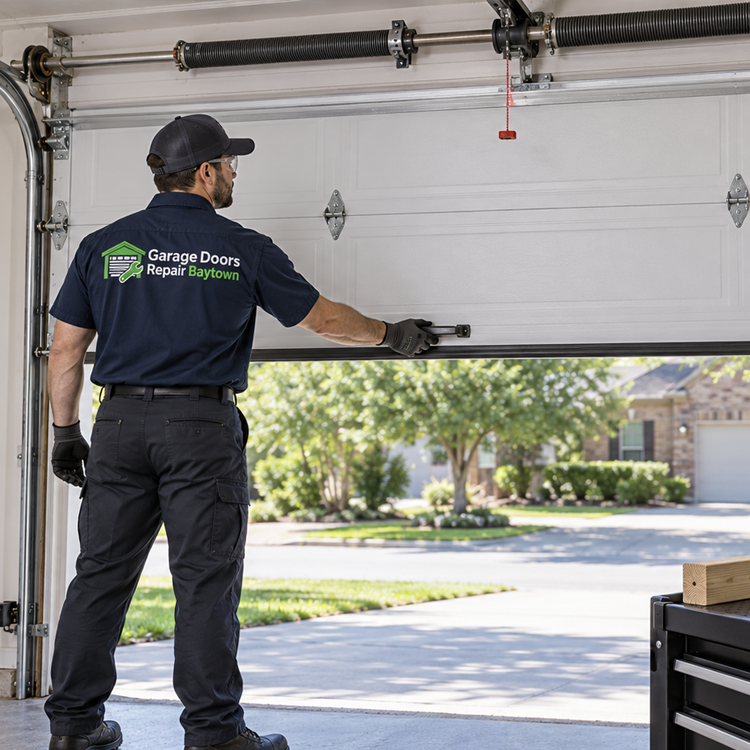 Garage Doors Repair Baytown technician replacing a torsion spring