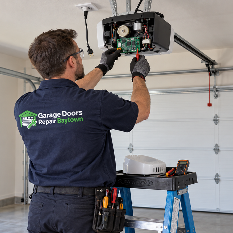Garage Doors Repair Baytown technician replacing a torsion spring