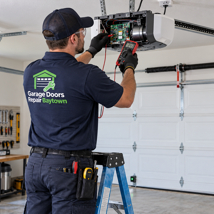 Garage Doors Repair Baytown technician diagnosing a garage door opener motor