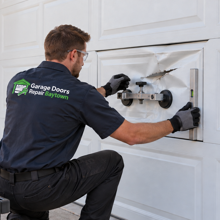 Garage Doors Repair Baytown technician replacing a torsion spring