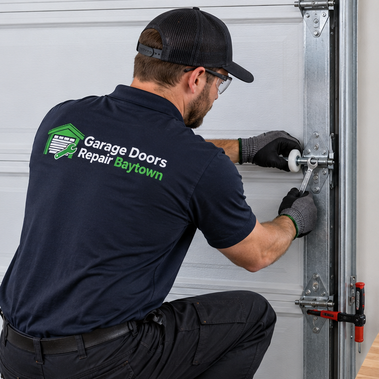 Garage Doors Repair Baytown technician replacing a torsion spring