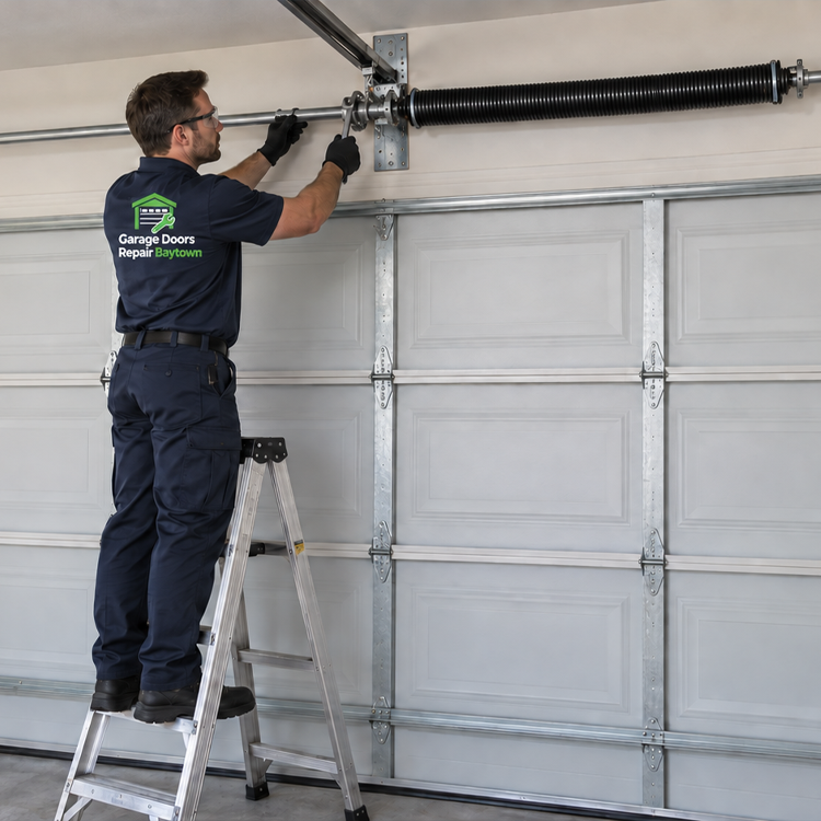 Garage Doors Repair Baytown technician replacing a torsion spring
