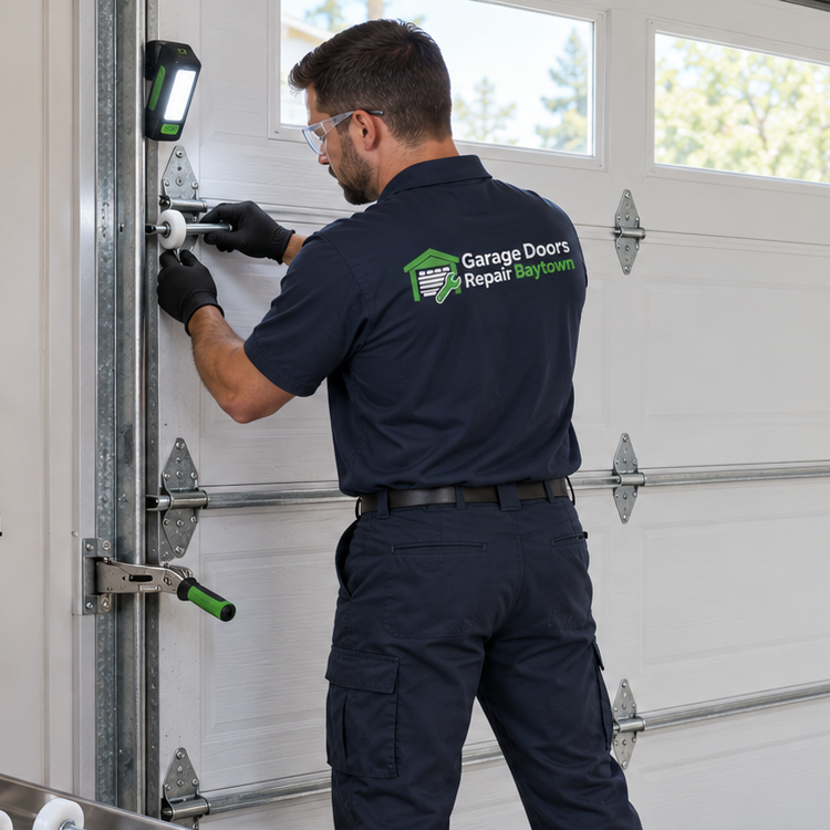 Garage Doors Repair Baytown technician replacing a torsion spring