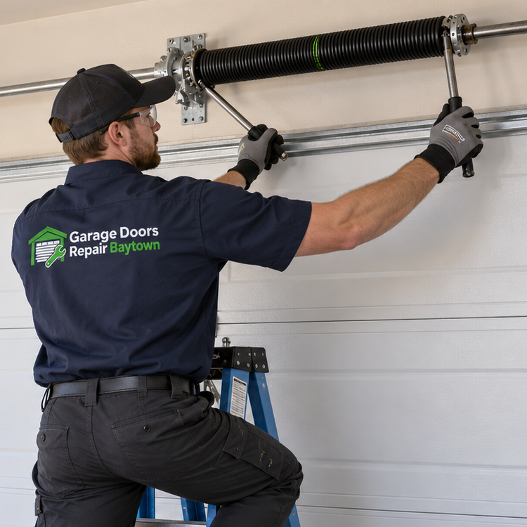 Garage Doors Repair Baytown technician replacing a torsion spring