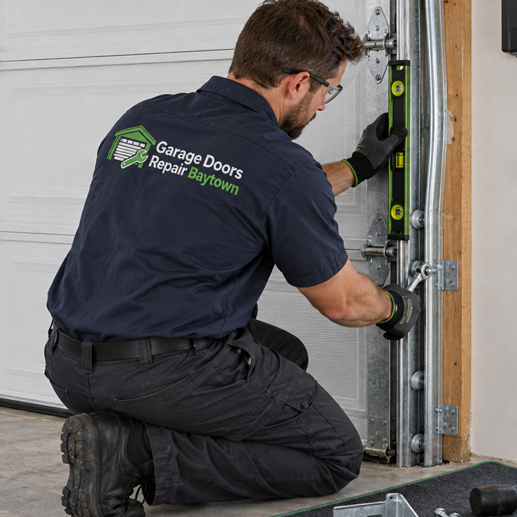 Garage Doors Repair Baytown technician replacing a torsion spring