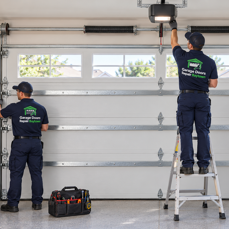 Garage Doors Repair Baytown technician replacing a torsion spring